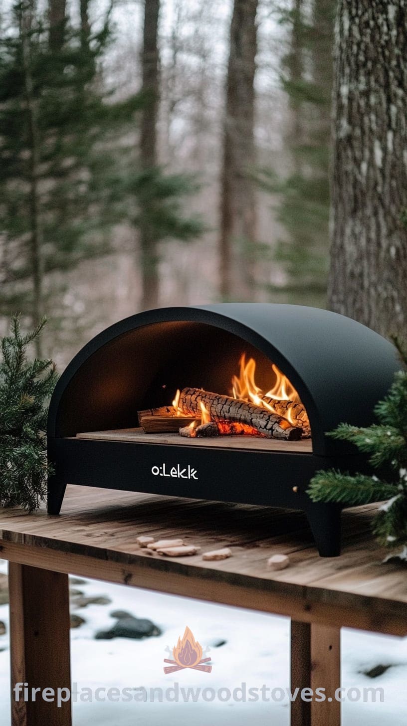 A black outdoor pizza oven in a snowy alpine forest setting, with visible flames inside and a wooden table decorated with greenery nearby.