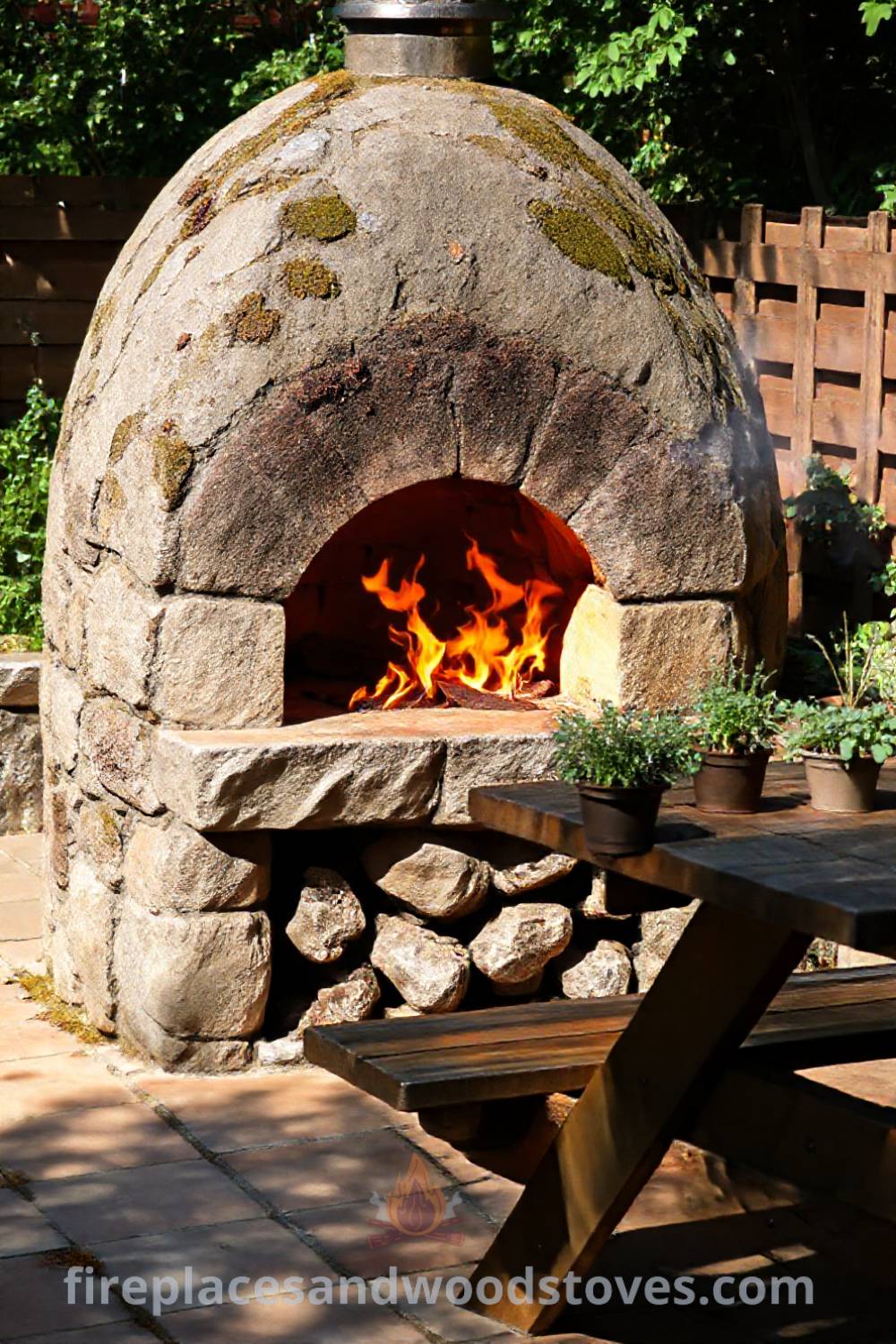 Stone BBQ oven in a garden corner surrounded by herb pots, emitting warm glow from flames, creating a cozy outdoor dining atmosphere perfect for gatherings. Visit patioandhomefurniture.com for stylish outdoor design ideas.