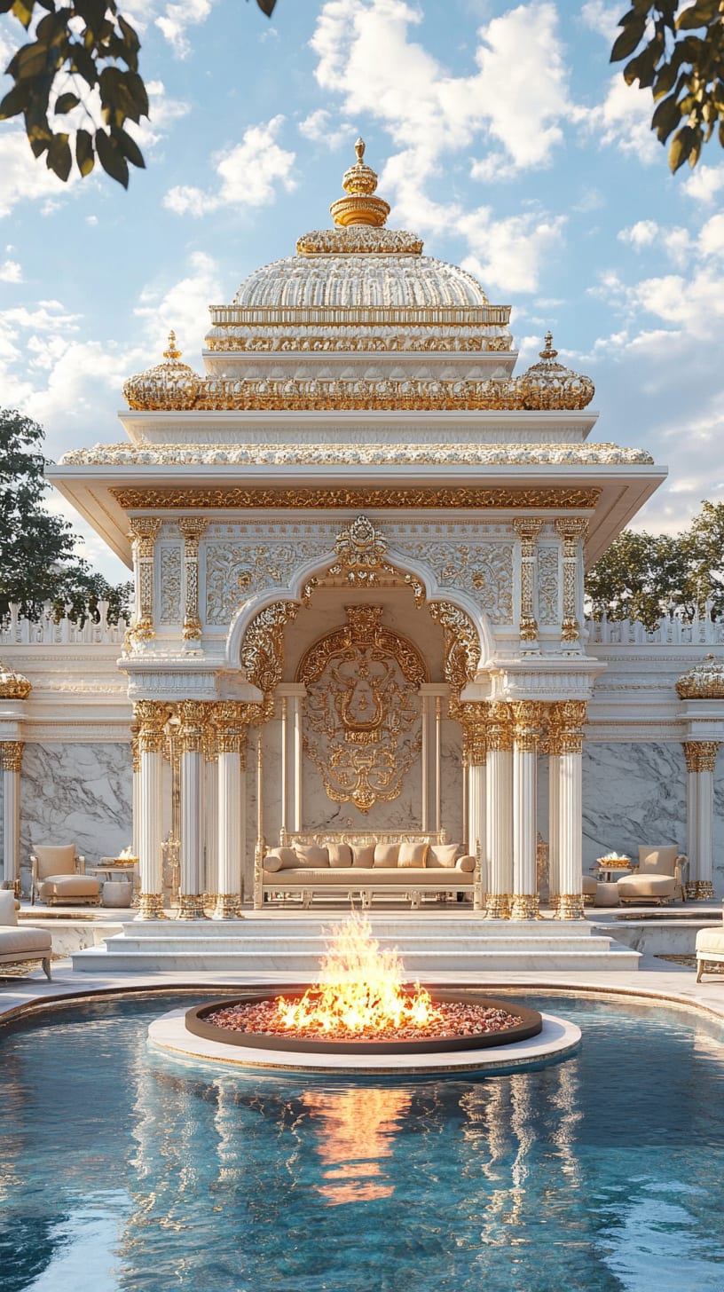 A luxurious Indian-style temple with gold and white architecture situated by a serene pool, featuring an open fire pit and elegant seating areas.