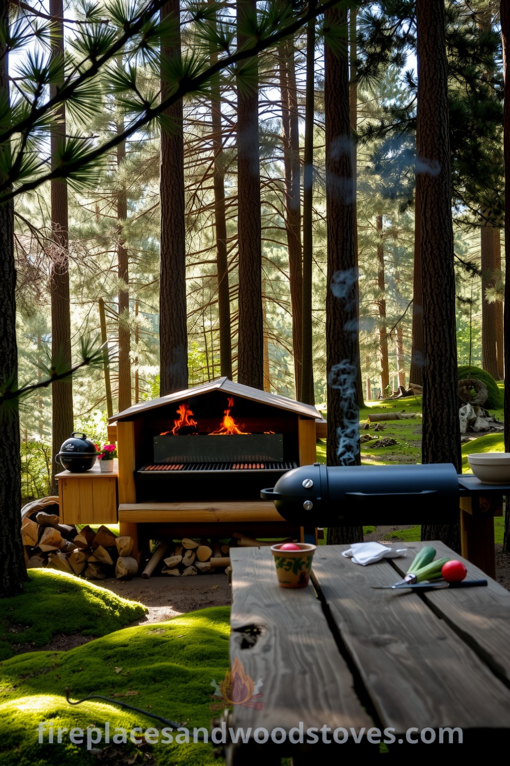 Log-built barbecue in a wild forest retreat surrounded by towering pines, smoky grill, rustic wooden table with grilling tools and fresh vegetables. Cozy ideas for outdoor gatherings at fireplacesandwoodstoves.com.