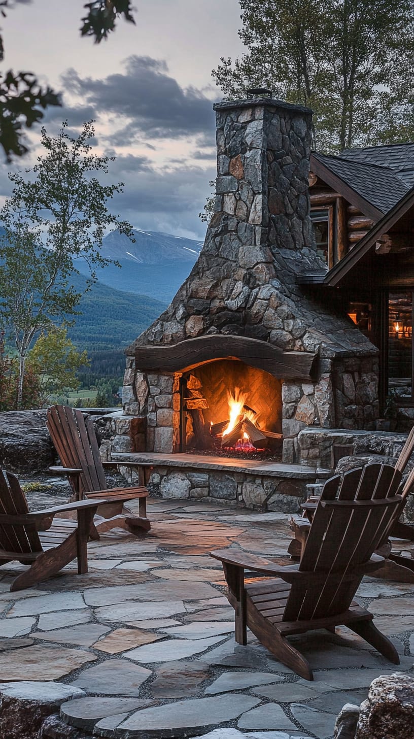 A rustic stone fireplace surrounded by Adirondack chairs, set against a backdrop of distant mountains and a twilight sky, creating a cozy outdoor atmosphere.