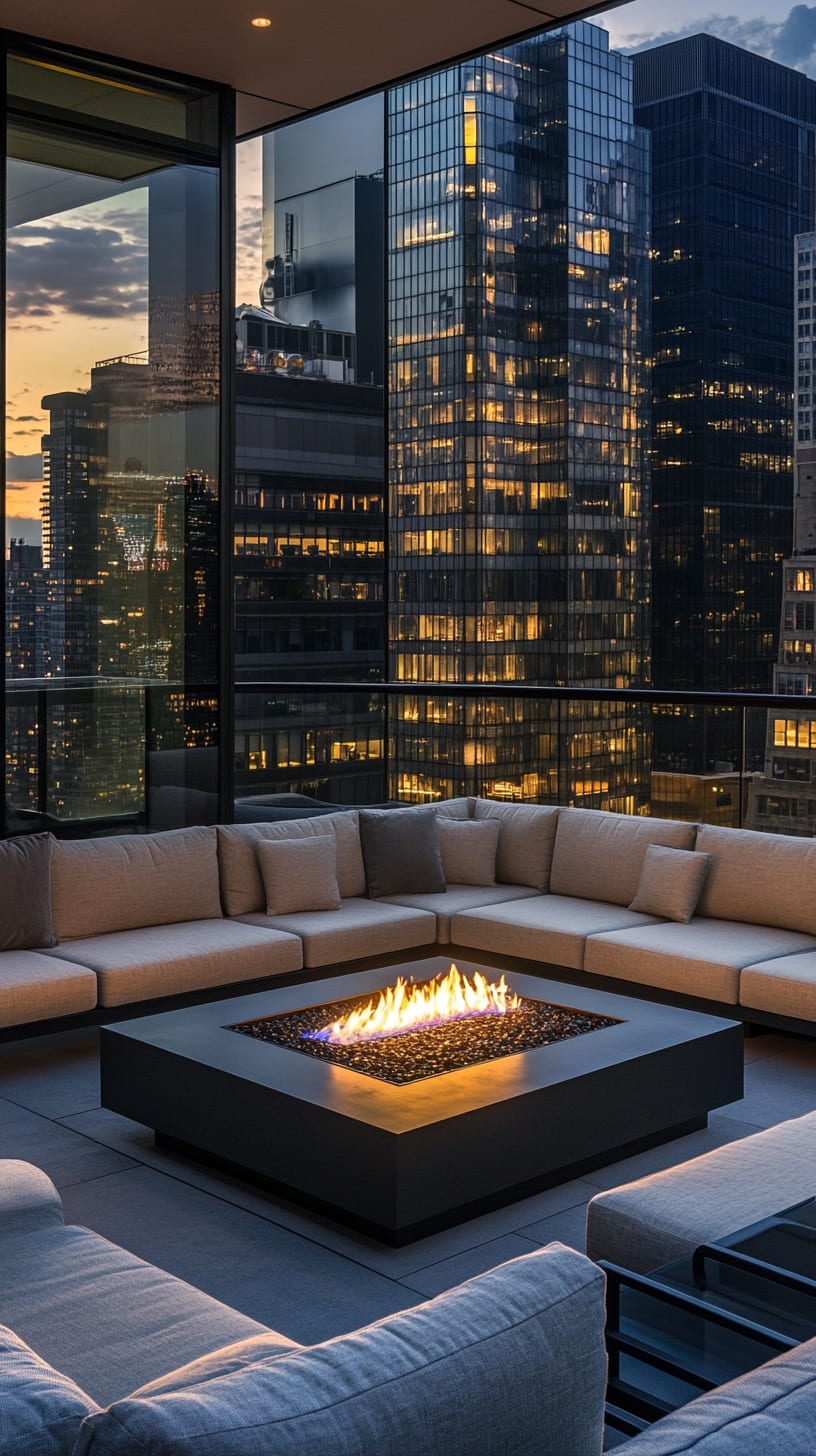 A luxurious rooftop terrace featuring an oversized fire pit, plush seating, and stunning views of the city skyline at dusk.