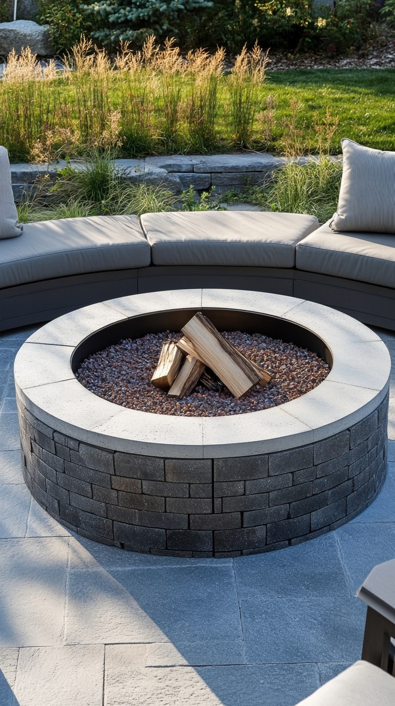 A round outdoor fire pit surrounded by curved seating and greenery, creating a cozy atmosphere for gatherings.