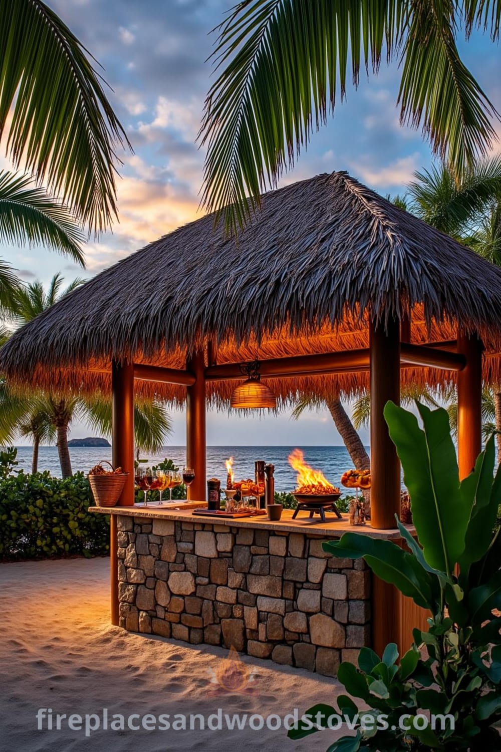 Tropical tiki barbecue under a palm-thatched roof with a flickering flame, rustic stone countertop, and swaying palm trees, creating a cozy atmosphere for memorable gatherings with friends, featured at fireplacesandwoodstoves.com.
