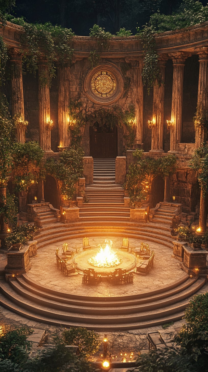 A grand open-air theater with lush greenery, a central fire pit, and candle illumination, creating an elegant and inviting atmosphere.