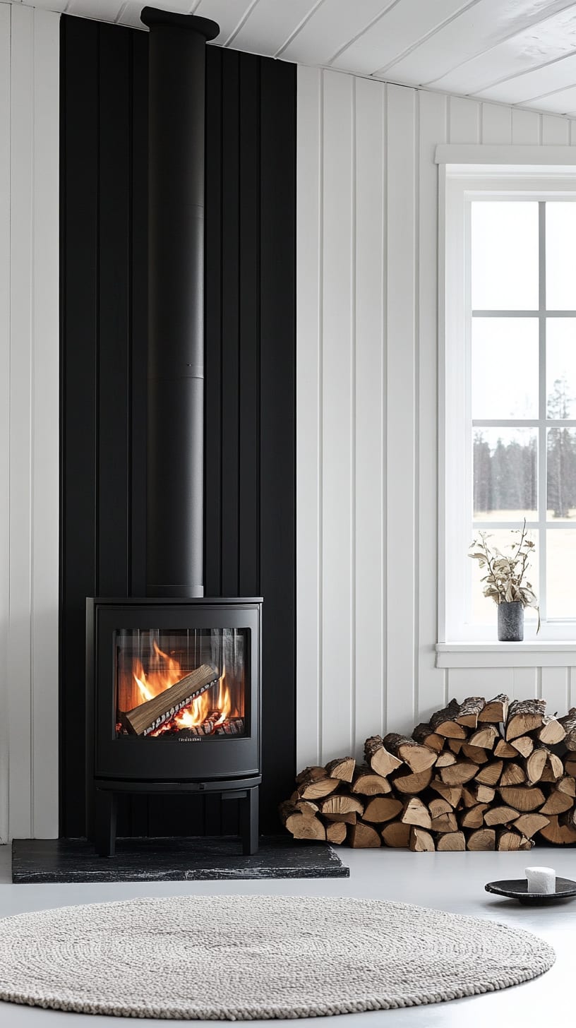 A black wood stove in a white Scandinavian-style room with black paneling and a pile of firewood, emphasizing minimalistic and cozy decor.