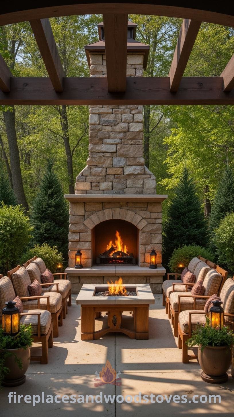 A cozy outdoor fireplace made of stone, featuring two fireboxes, surrounded by wooden chairs with cushions, lanterns, and potted plants, framed by a pergola and lush trees.