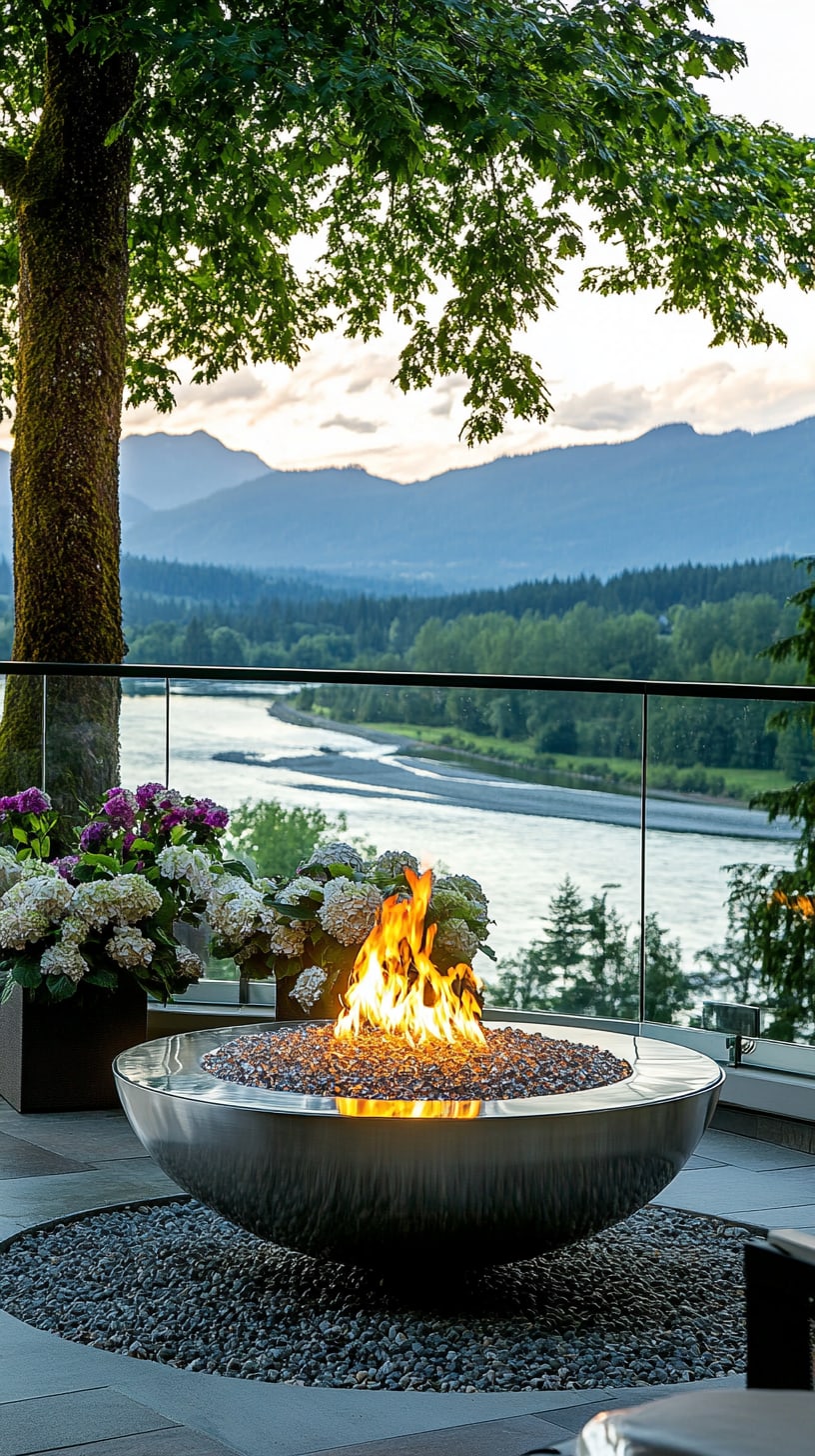 A luxurious outdoor fire bowl made of stainless steel, surrounded by pebbles, lush greenery, and flowers, with a river view and mountains in the background.