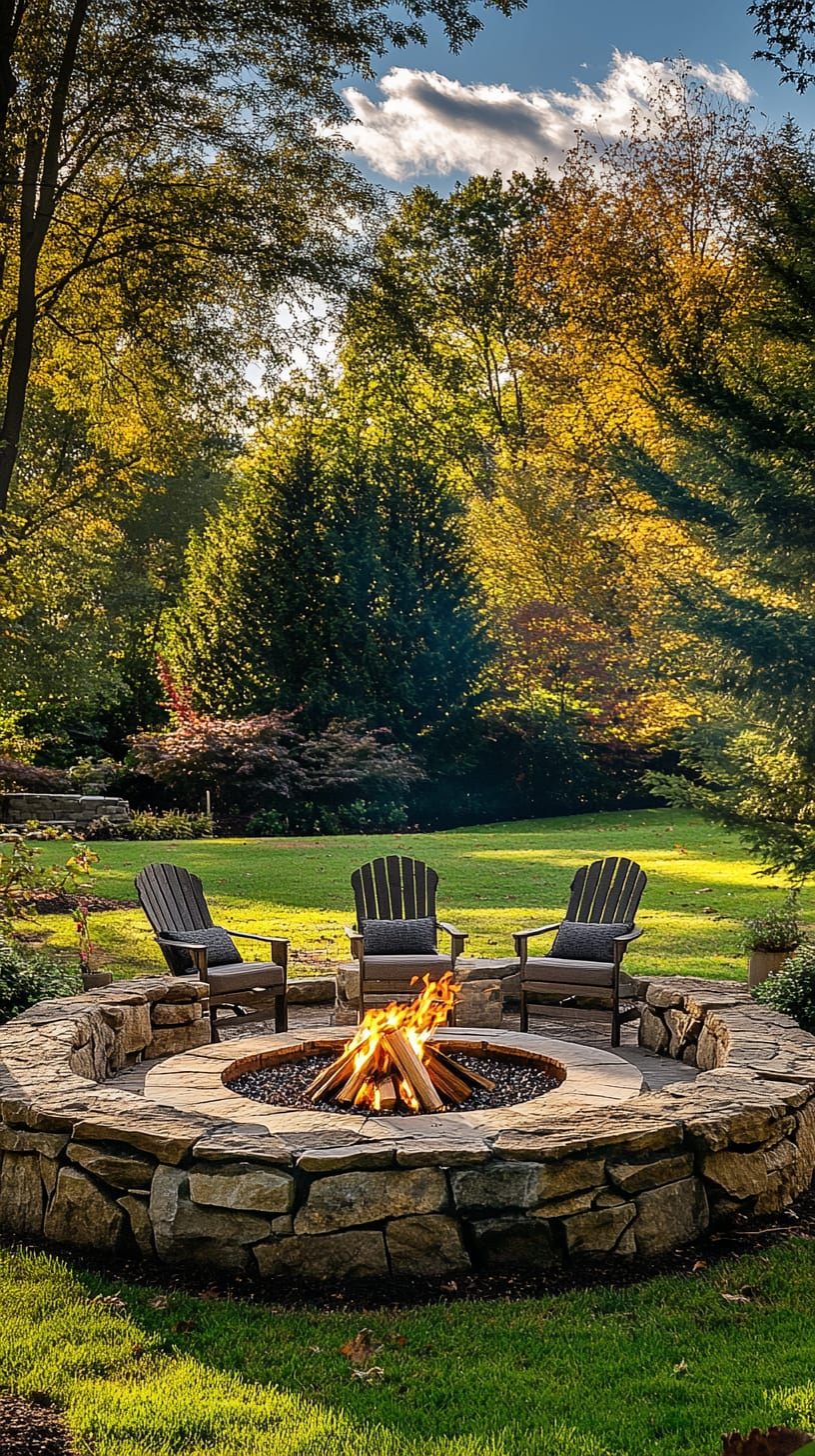 A cozy outdoor space adorned with fairy lights, surrounded by lush greenery, creating a whimsical woodland retreat.