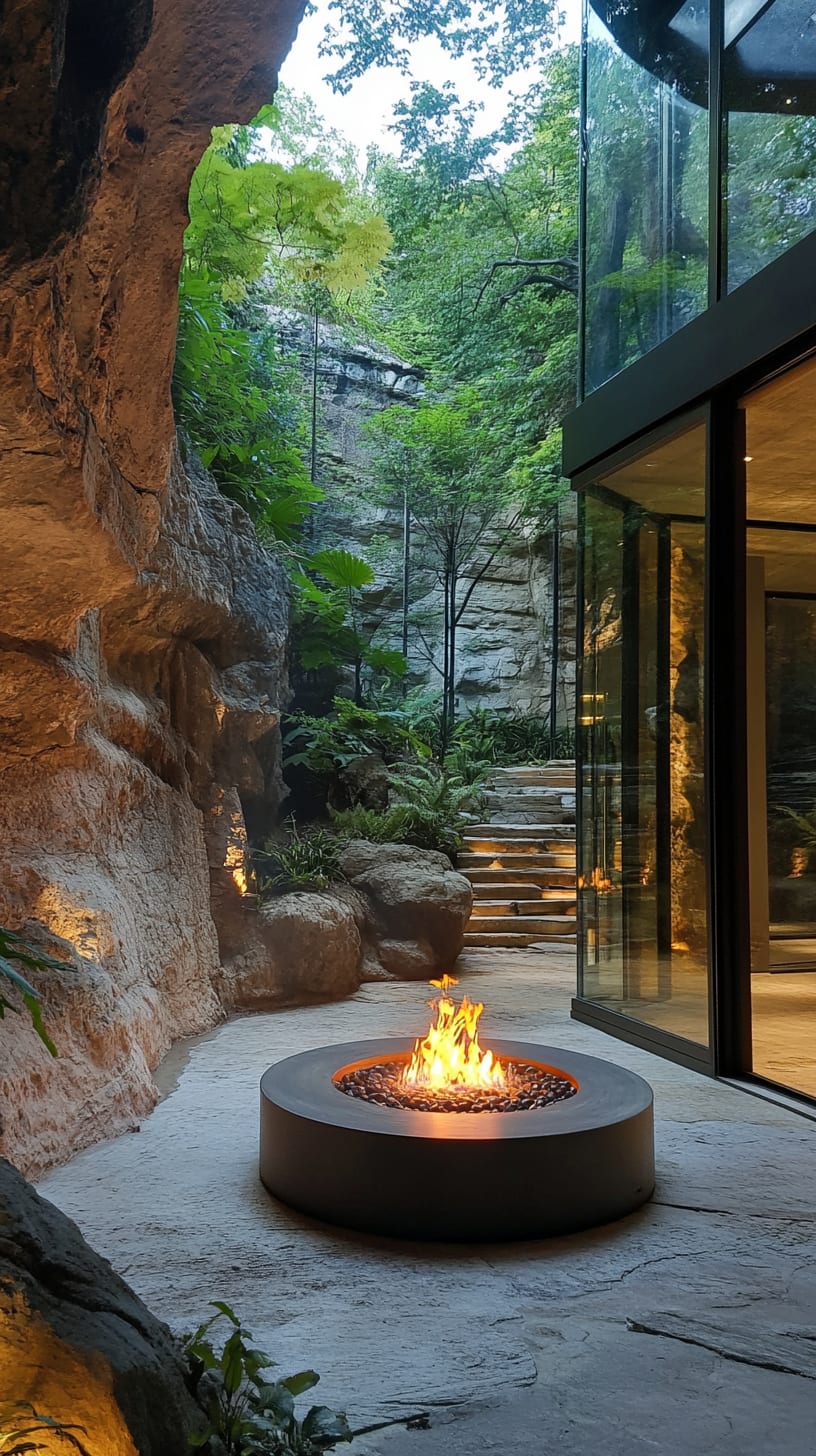 A circular fire pit surrounded by glass walls and lush greenery in an outdoor glass house, creating a warm and inviting atmosphere in a natural setting.
