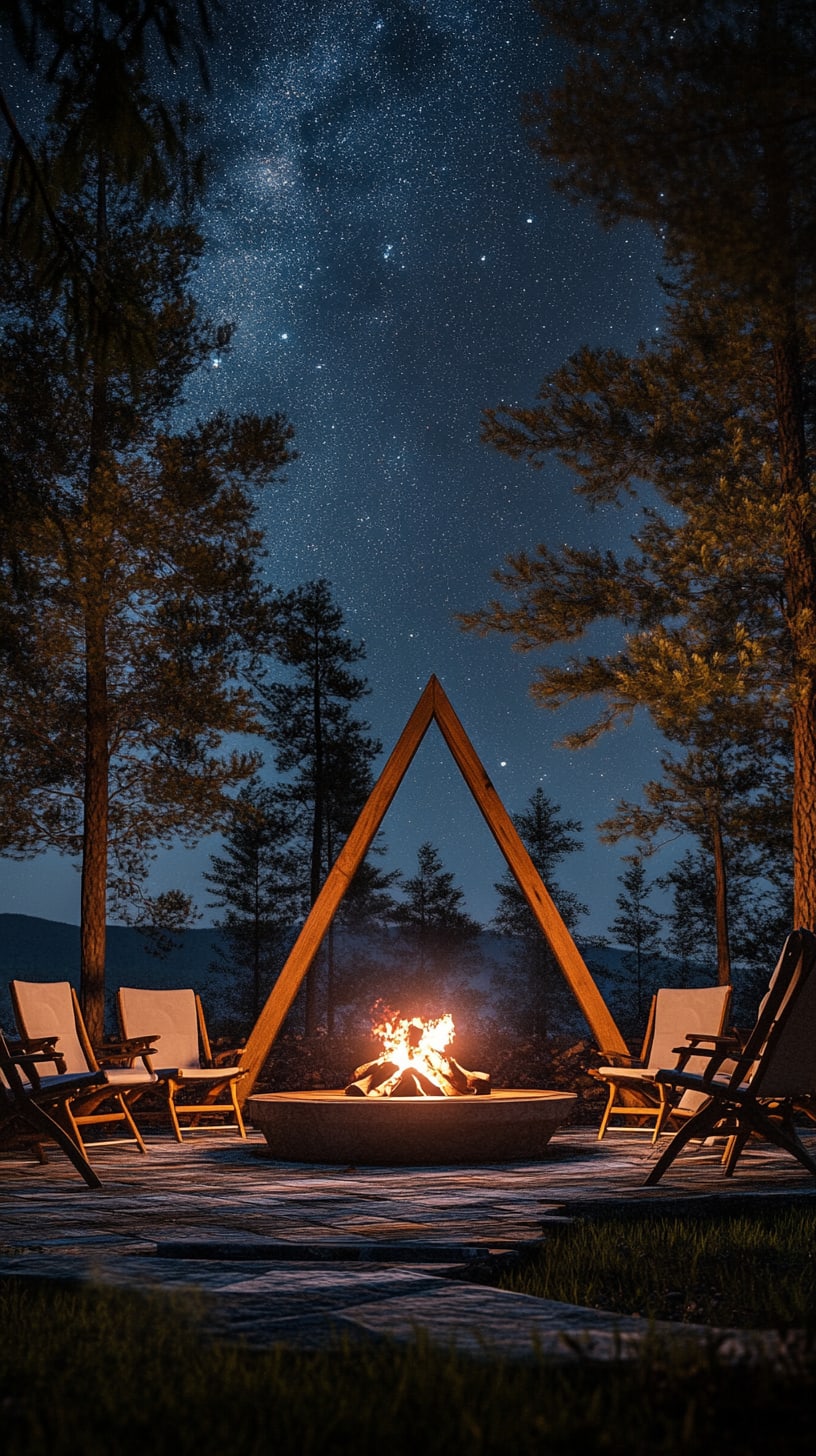 A triangular wooden frame with chairs around a fire pit under the starry night sky, creating a serene outdoor setting surrounded by tall trees.