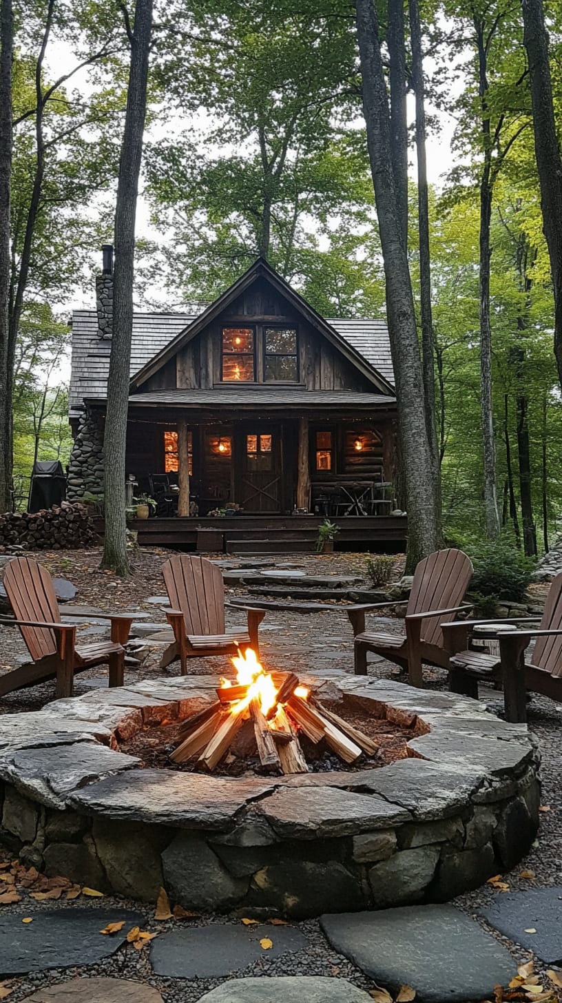 A rustic cabin in the woods featuring an outdoor fire pit with Adirondack chairs, surrounded by trees, creating an inviting and cozy atmosphere.