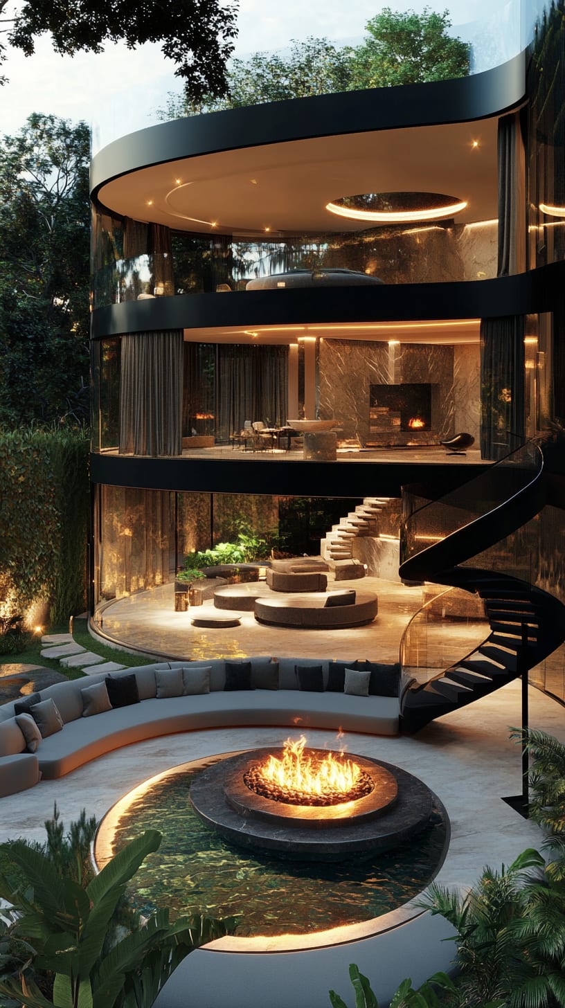 A luxurious circular mansion with a black interior, large glass windows, a central fire pit, surrounded by lush greenery and featuring a spiral staircase.