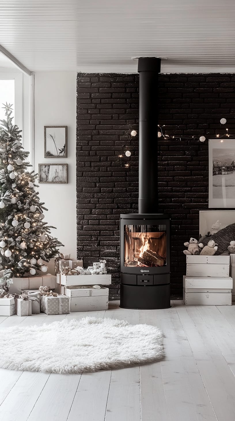 A cozy Scandinavian living room featuring a black brick wall, white Christmas tree with decorations, a modern wood stove with a fire, and a fluffy white rug on a wooden floor.