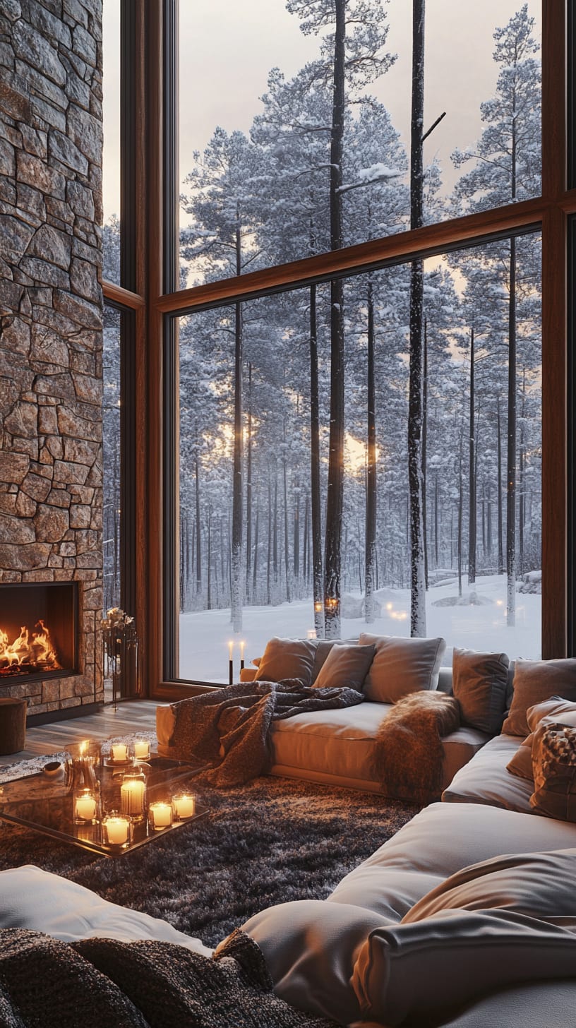 A cozy winter living room with large windows, a gray sofa, a fireplace, warm lighting, and candles, overlooking a snow-covered forest.