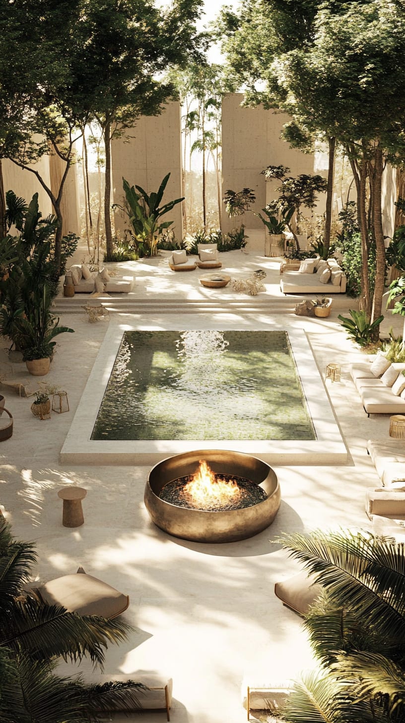 A luxurious outdoor pool area with a fire pit, surrounded by lush green plants and modern furniture in neutral tones.