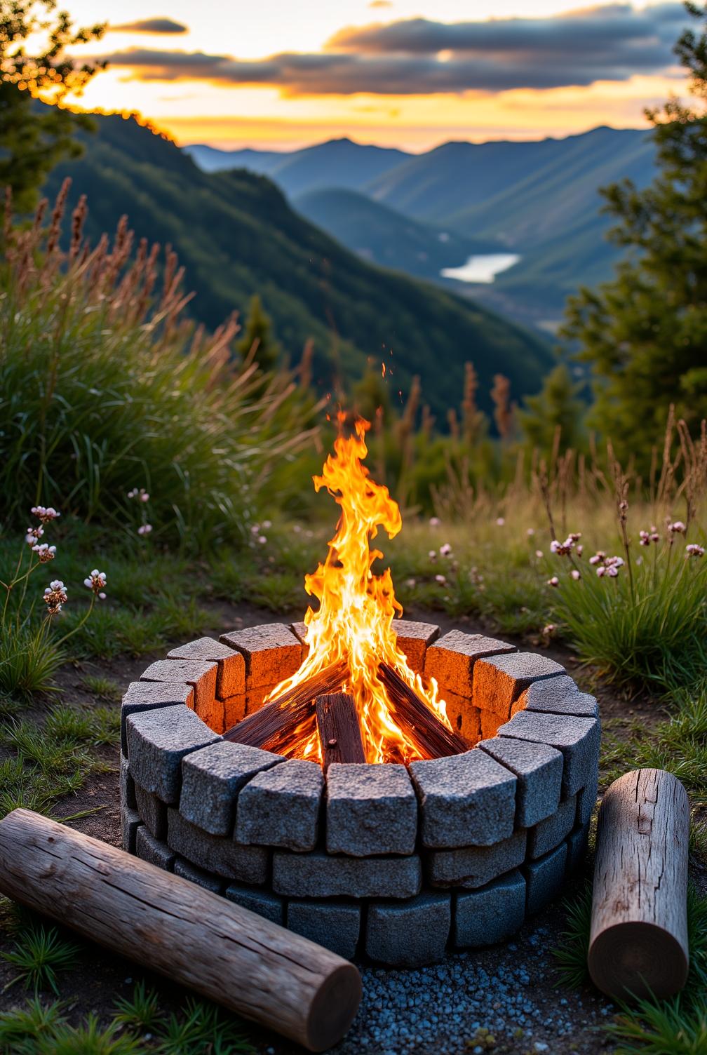 Weathered stone fire pit with flickering flames surrounded by tall grasses and wildflowers in a cozy outdoor setting, inviting friends to gather and share stories, ideal for cozy home inspirations and decor ideas from fireplacesandwoodstoves.com.