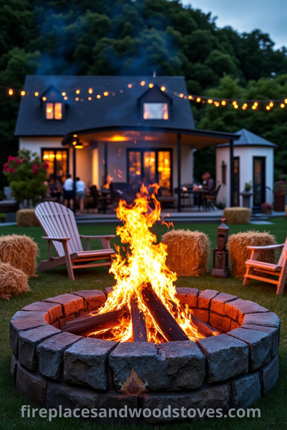 Stone fire pit in a grassy backyard surrounded by hay bales and mismatched chairs, with flames illuminating friends gathered under a starry sky, creating a cozy atmosphere perfect for late summer nights, featuring decor ideas for an inviting outdoor space. Visit fireplacesandwoodstoves.com for inspiring design ideas.