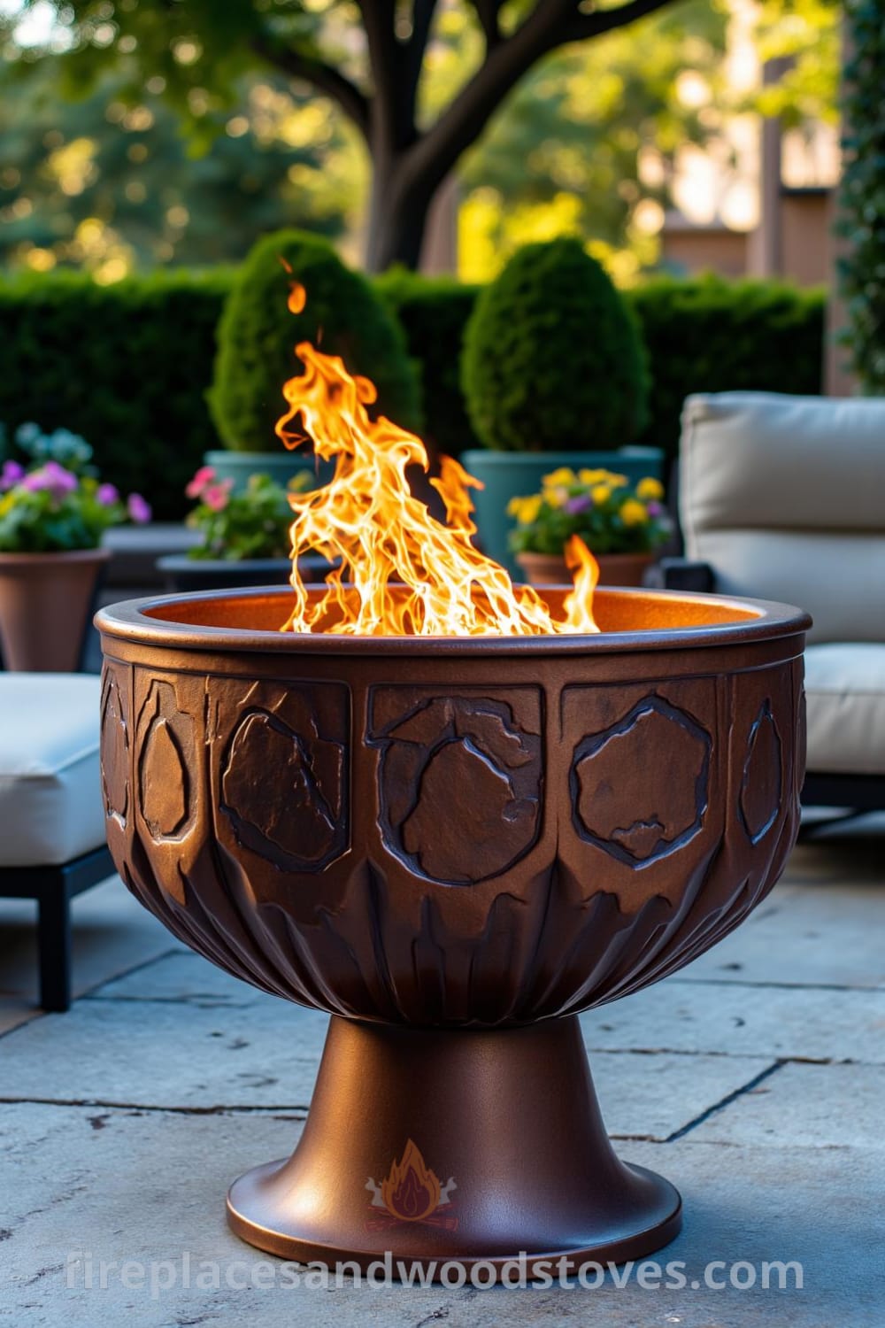 Art Deco fire pit centerpiece on an elegant patio with plush lounge chairs and vibrant plants, creating a warm and inviting atmosphere for gatherings and inspiring decor ideas for your home at fireplacesandwoodstoves.com.