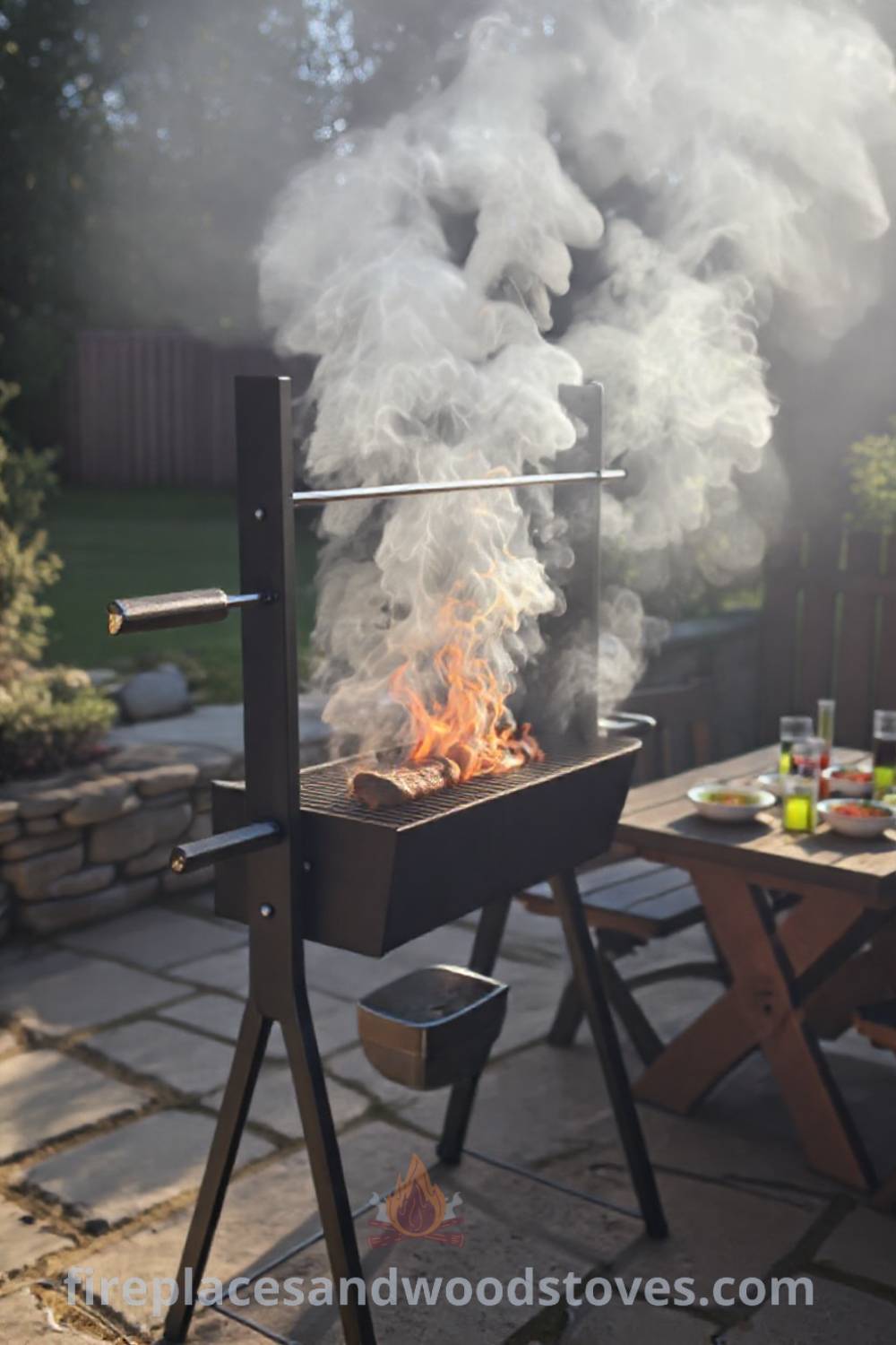 Sturdy spit BBQ on a stone patio with crackling fire, surrounded by fresh vegetables and drinks, creating a cozy gathering space for friends and family. Visit patioandhomefurniture.com for stylish outdoor design ideas that will wow your guests.