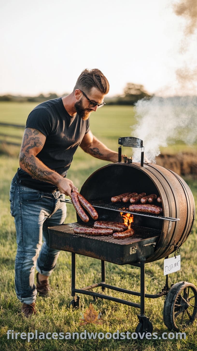 A handsome man with tattoos and stubble grilling sausages on a barrel-shaped grill in a green field during golden hour.