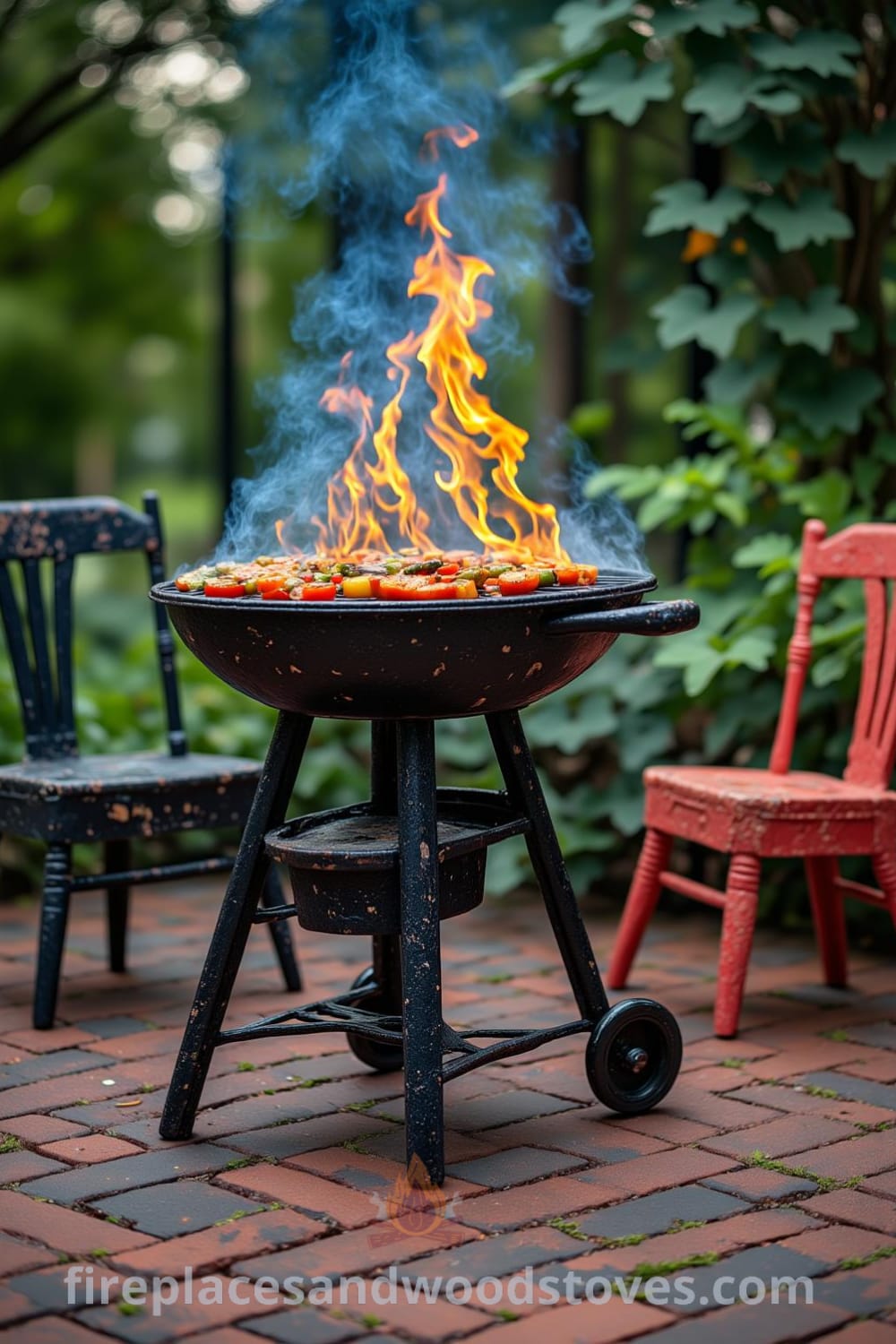 Cozy barbecue setup with flames on a blackened grill, surrounded by greenery and mismatched chairs on a brick patio, creating a warm, inviting atmosphere, perfect for gatherings. Visit fireplacesandwoodstoves.com for unique ideas and inspirations for your home.
