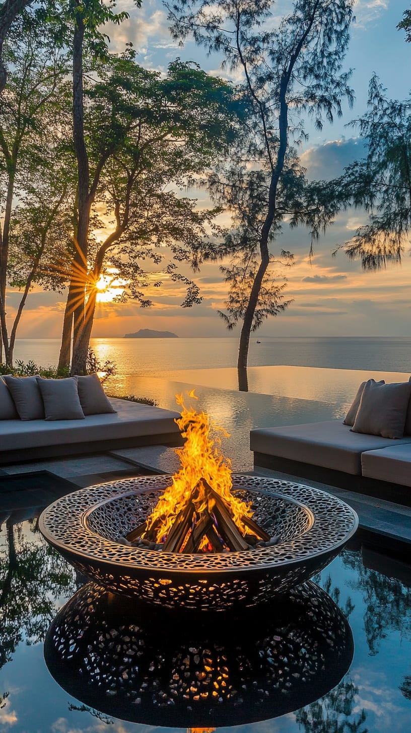 A luxurious outdoor lounge featuring a fire pit, comfortable seating, and a sunset view over the sea with lush greenery.