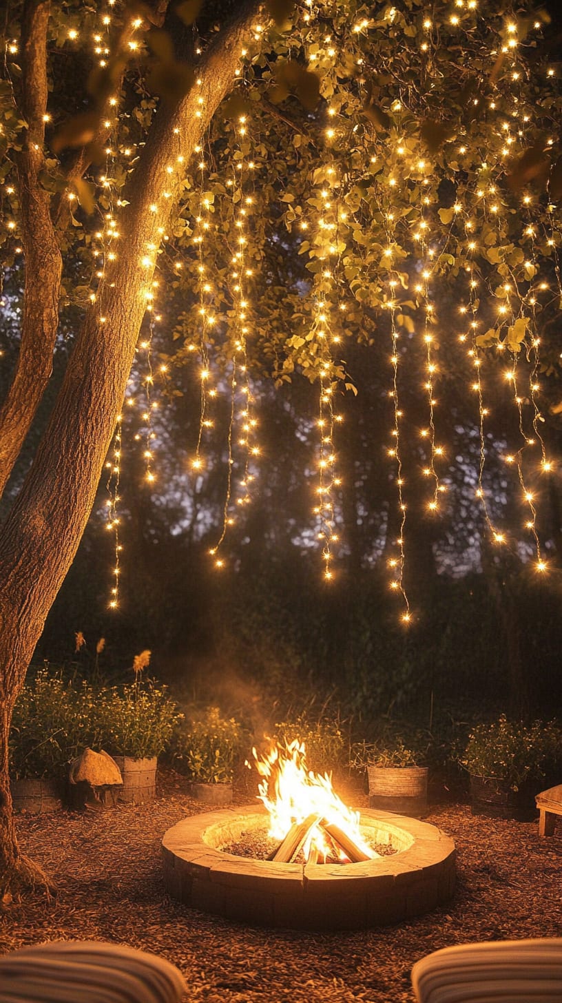 A fire pit surrounded by trees adorned with twinkling fairy lights, creating a warm and inviting atmosphere for outdoor gatherings.