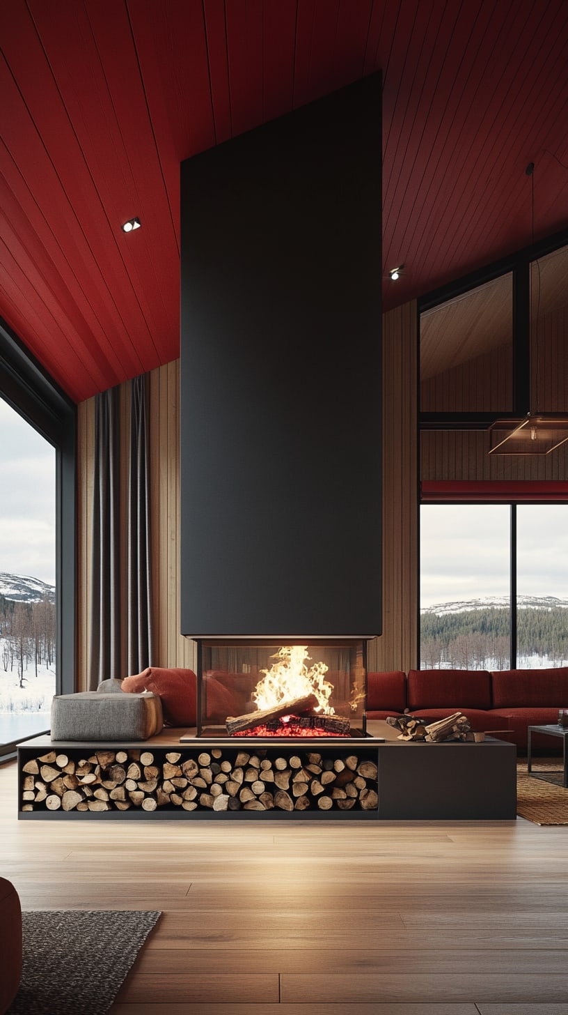 A modern Scandinavian living room featuring a large black fireplace, red ceiling, wooden floor, and large windows overlooking a snowy landscape.