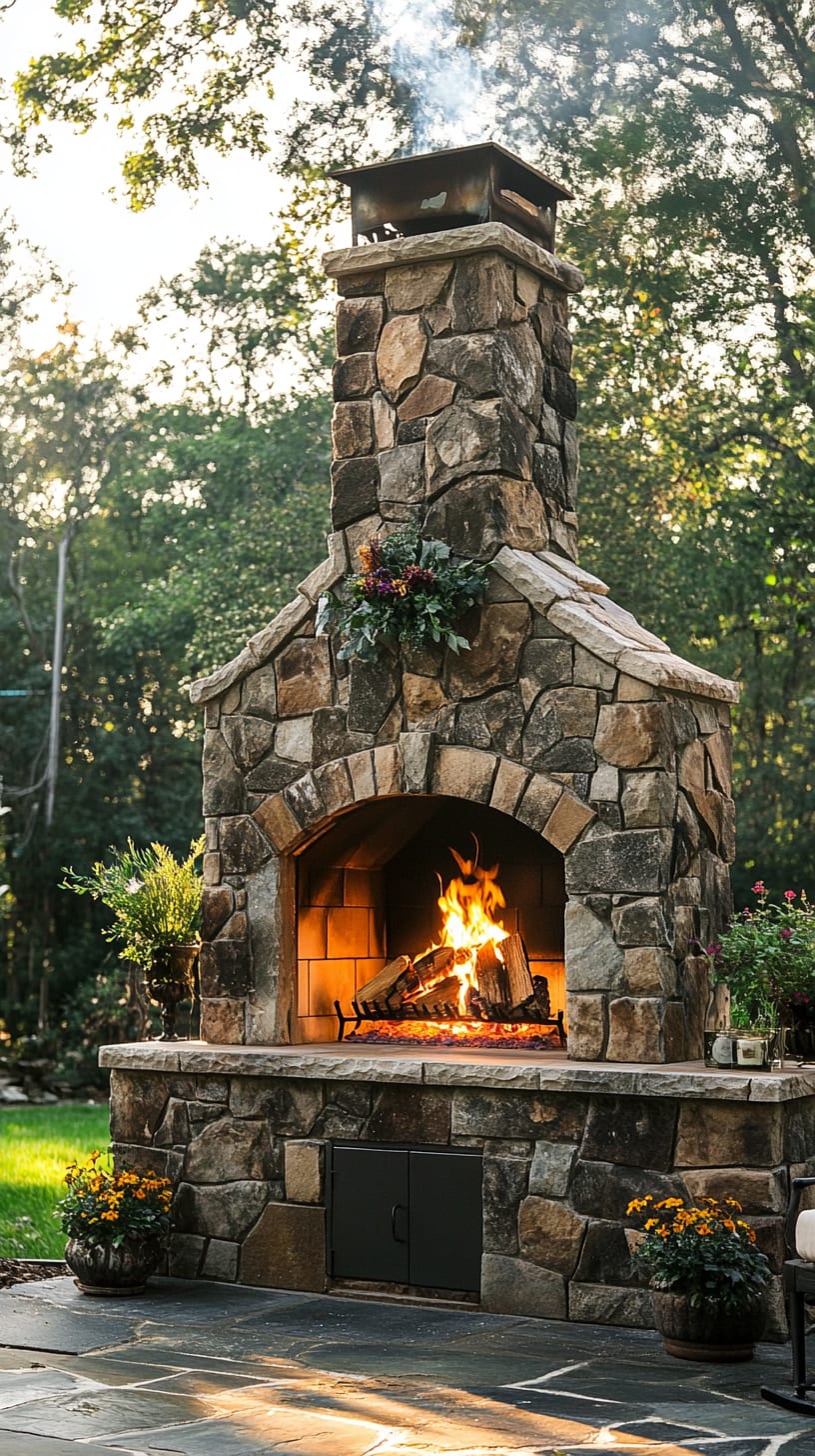 A stone outdoor fireplace with a fire burning, surrounded by lush greenery and flowers in a cozy backyard setting.