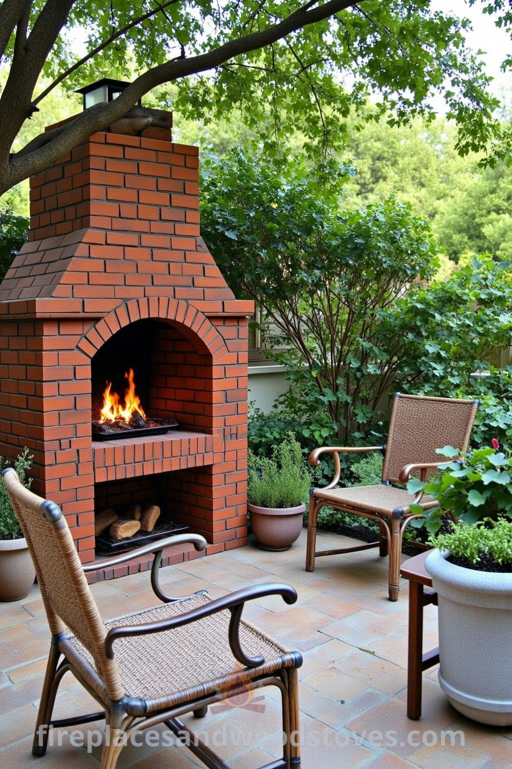 Traditional brick outdoor barbecue in a charming garden corner with flickering flames and fresh herbs, offering cozy ideas for outdoor gatherings and decor inspirations for your home. Visit fireplacesandwoodstoves.com for unique ideas.