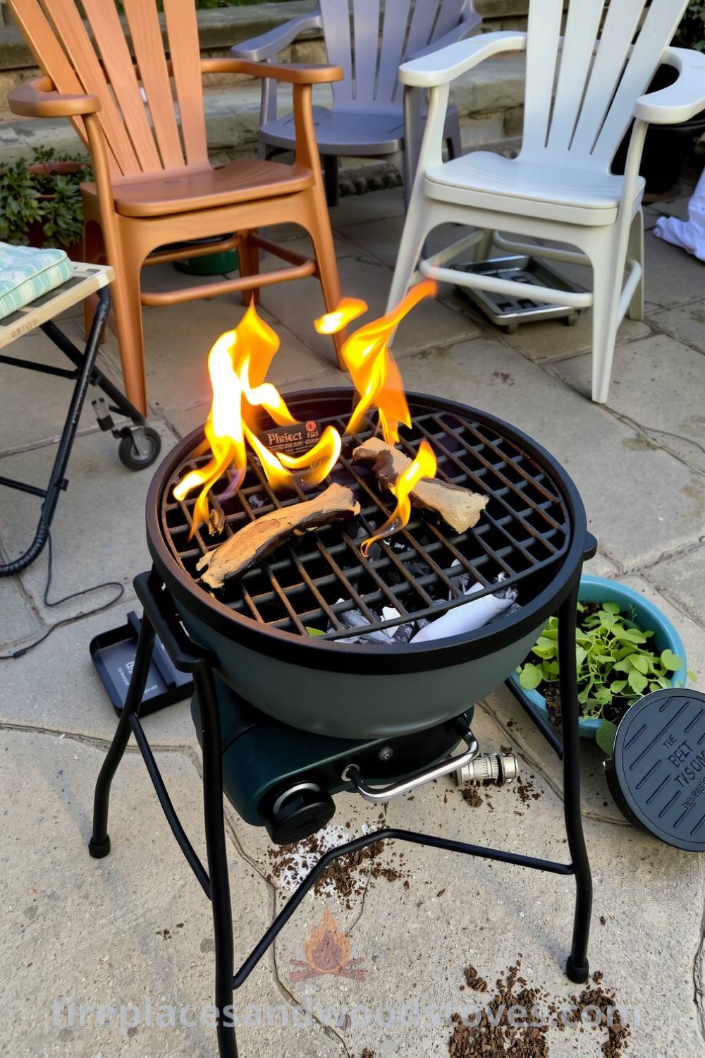 A compact barbecue on a stone patio, with flames licking the grill grates and savory smoke rising into the air, surrounded by mismatched chairs, creating a cozy outdoor cooking space. Find unique ideas for your home at fireplacesandwoodstoves.com.