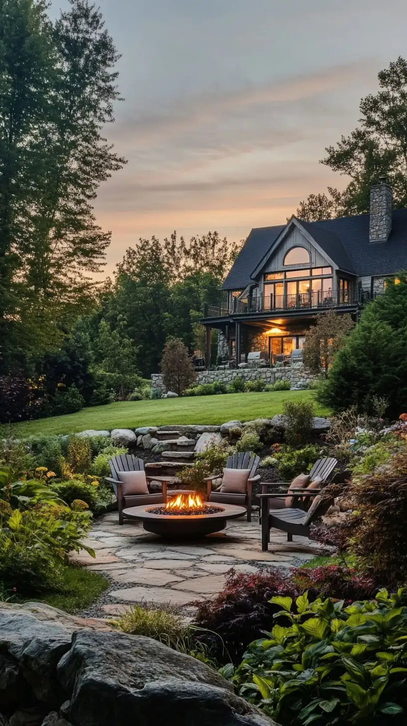 A large house with a stone fire pit surrounded by comfortable seating and lush greenery, set against the backdrop of a picturesque New England landscape at dusk.