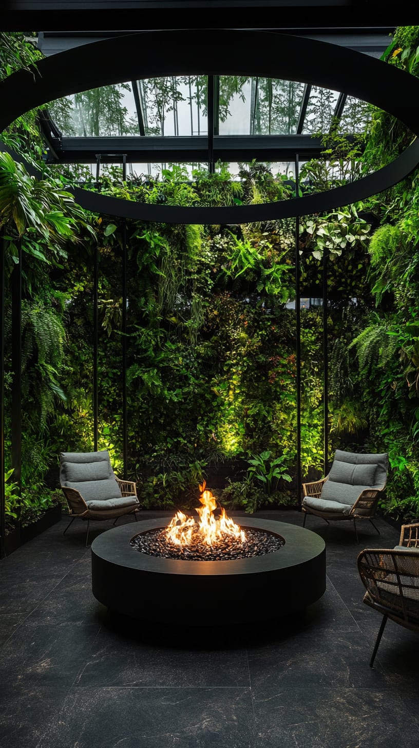 A luxurious fire pit setting surrounded by green plants and comfortable seating in an open space with a glass ceiling.