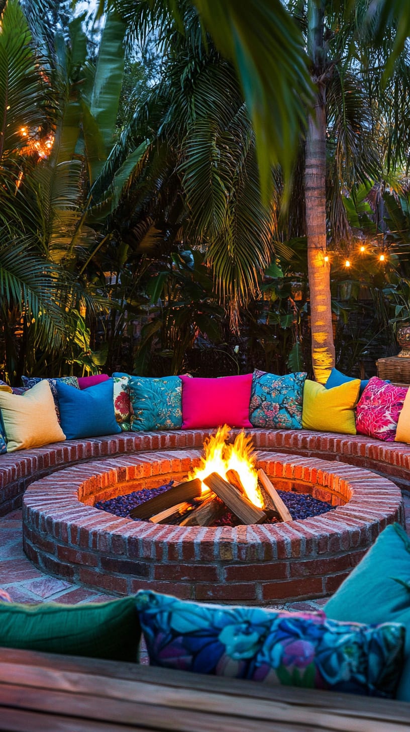 A round fire pit surrounded by colorful cushions in an inviting outdoor setting with lush greenery, creating a warm and vibrant atmosphere for gatherings.
