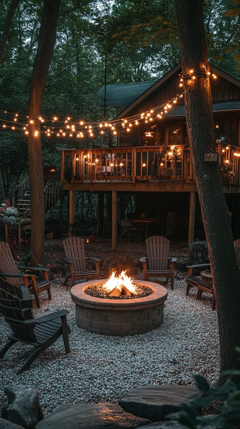 A cozy treehouse in the woods, featuring string lights and a fire pit surrounded by chairs, creating a warm and inviting atmosphere.