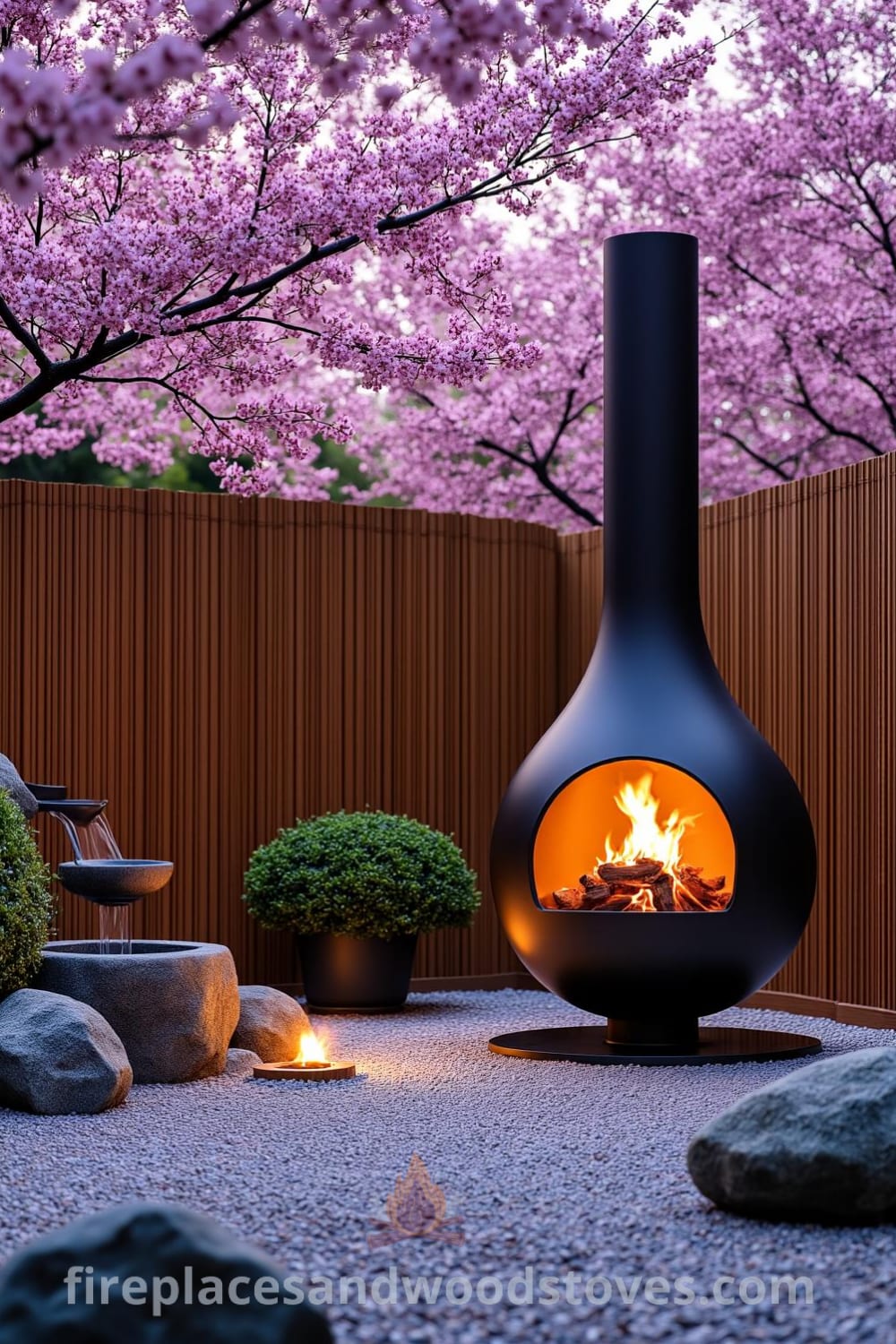 Japanese Zen outdoor fireplace surrounded by cherry blossom trees, smooth pebbles, and meticulous gravel, highlighting cozy design ideas and decor inspirations for your home at fireplacesandwoodstoves.com.