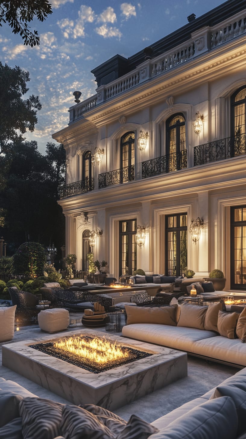 A grand luxury mansion featuring an outdoor living area with a marble fire pit, elegant seating, and surrounded by lush gardens, captured at night with ambient lighting.