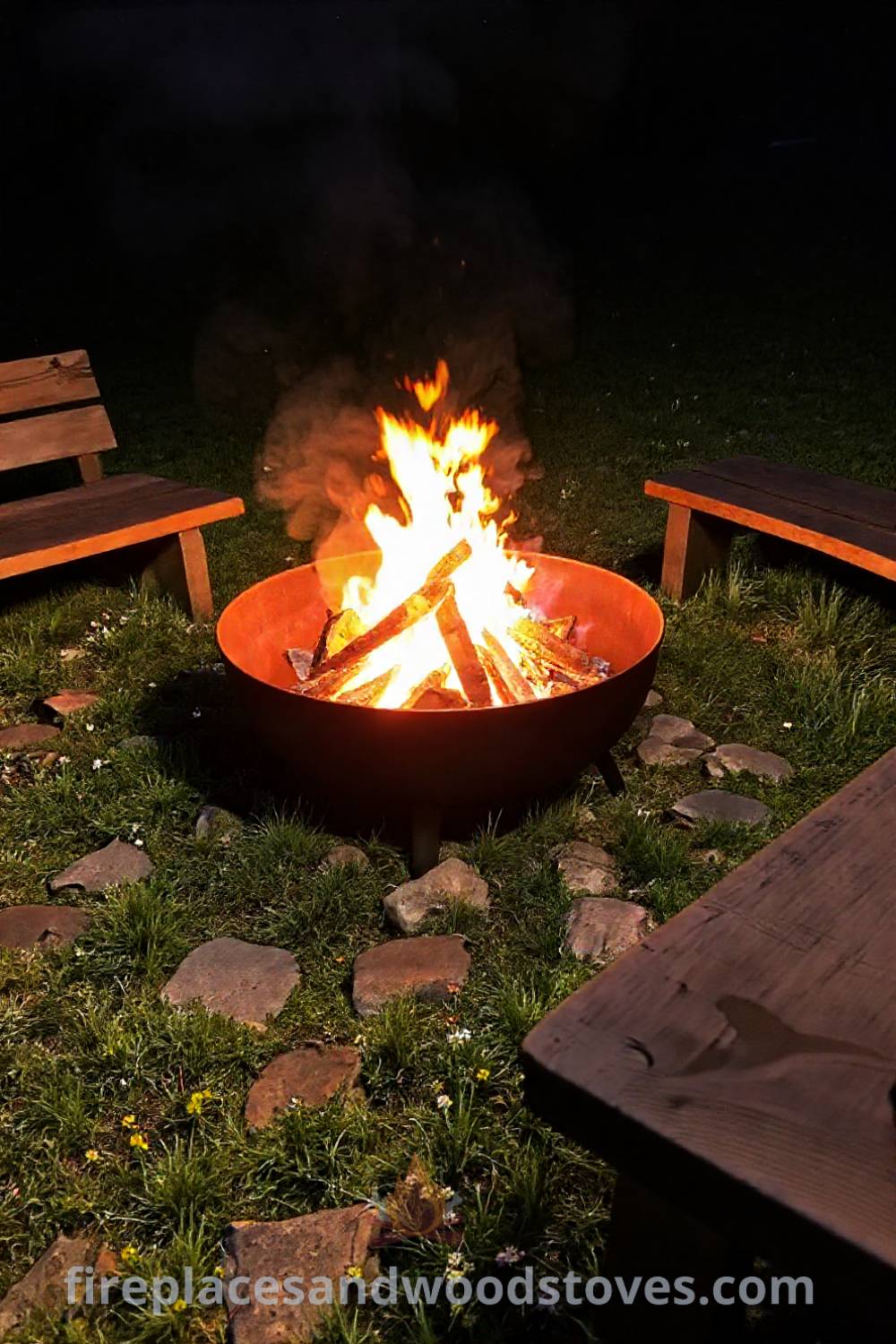 Metal charcoal-burning fire pit surrounded by grassy backyard, uneven stones, and wildflowers, creating a cozy atmosphere for gatherings under the starry sky. Visit patioandhomefurniture.com for stylish outdoor design ideas that will wow your guests.