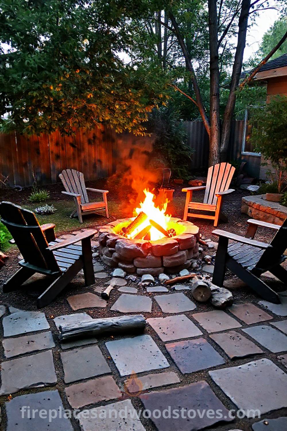 Cozy outdoor fire pit surrounded by uneven stone pavers and mismatched chairs, perfect for gatherings with friends. Experience incredible ideas that will wow your guests and transform your backyard. Visit patioandhomefurniture.com for inspiration.