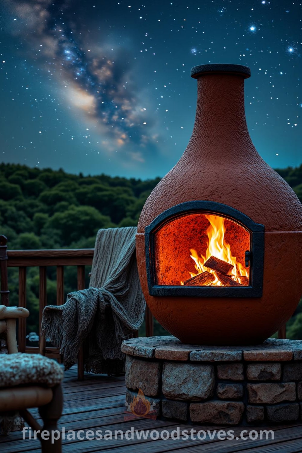 Terracotta chiminea-style outdoor fireplace under a starry sky on a wooden deck with vibrant flames, surrounded by mismatched outdoor chairs, creating a cozy and inviting atmosphere. Visit fireplacesandwoodstoves.com for unique ideas and inspirations for your home.