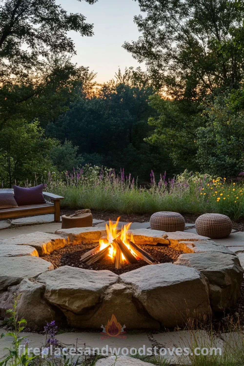 Cozy backyard fire pit area on fireplacesandwoodstoves.com, featuring outdoor fire pit designs and cozy ideas for an inviting outdoor seating with fire pit, enhancing your garden relax area and overall backyard living.