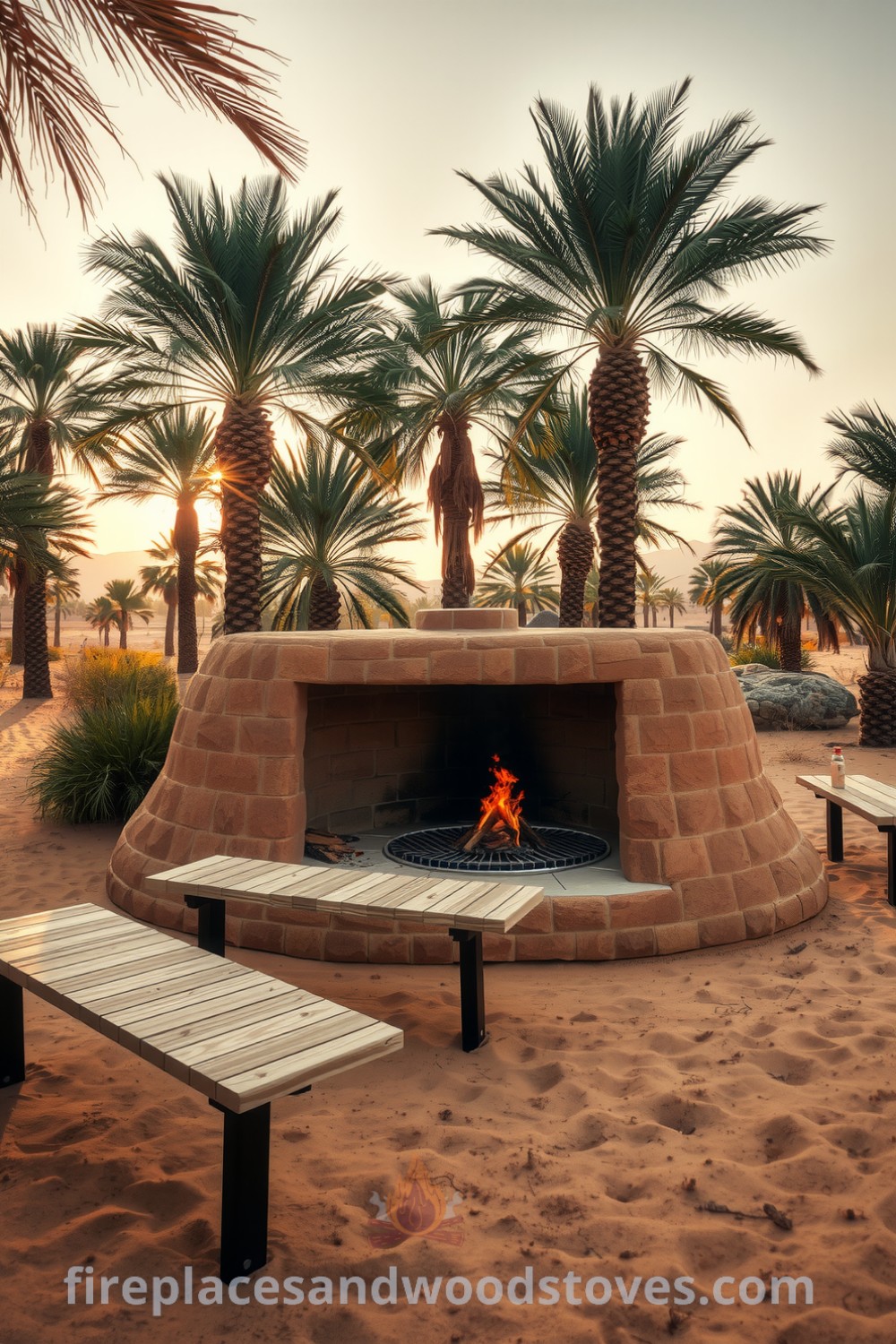 Cozy desert barbecue setup surrounded by palm trees and golden sand, featuring a rugged sandstone grill, flickering flames, and inviting wooden benches, creating a warm atmosphere perfect for gatherings. Discover inspiring decor ideas for outdoor spaces at fireplacesandwoodstoves.com.