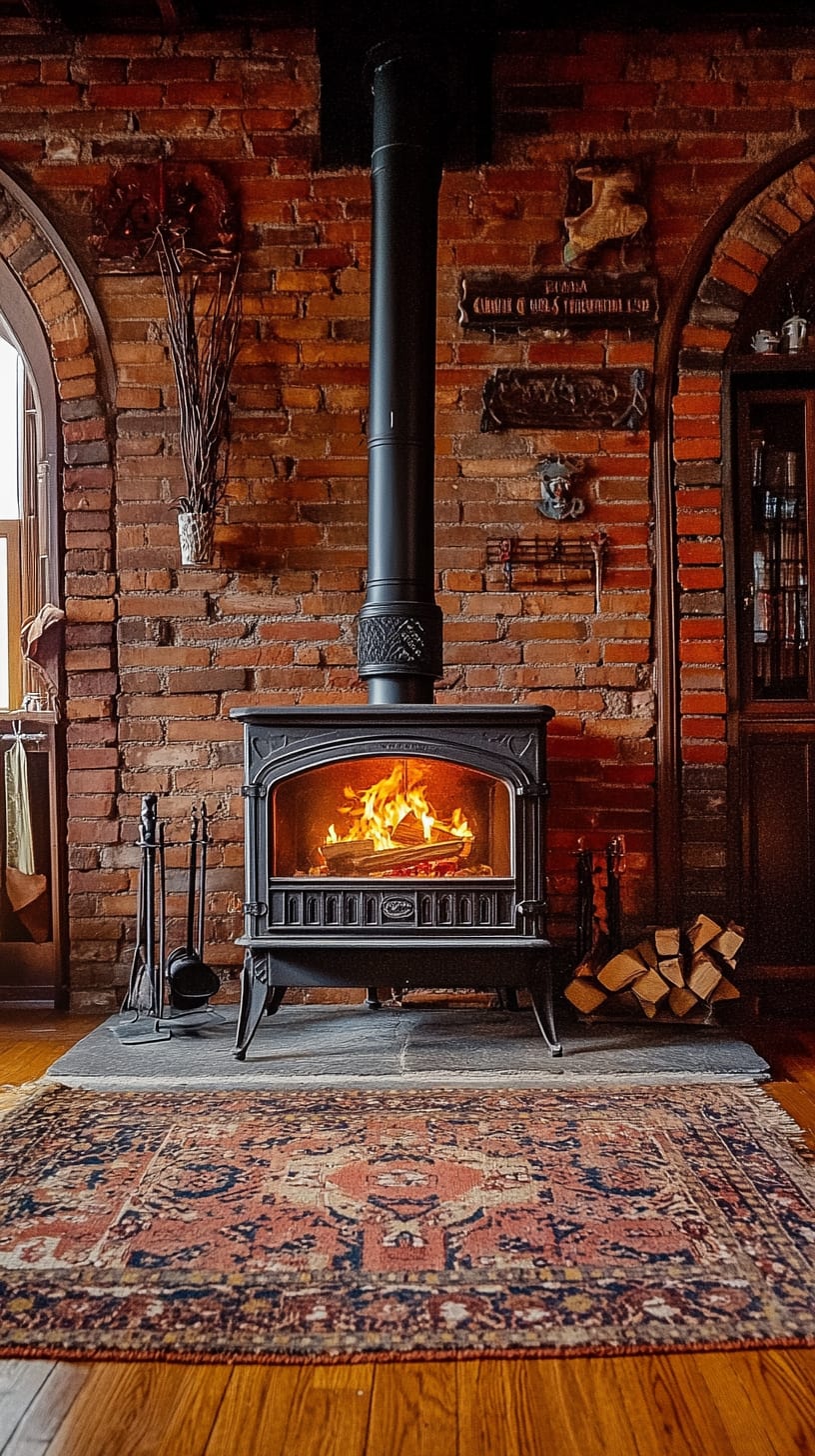 A vintage wood stove set against an old brick wall, surrounded by a Persian rug and a stack of firewood, with warm flames flickering inside.