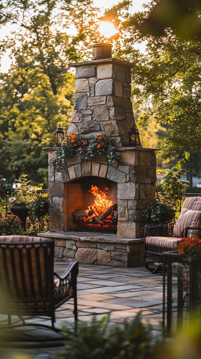 A stone outdoor fireplace with a roaring fire, surrounded by comfortable seating and lush greenery in a sunset-lit garden.