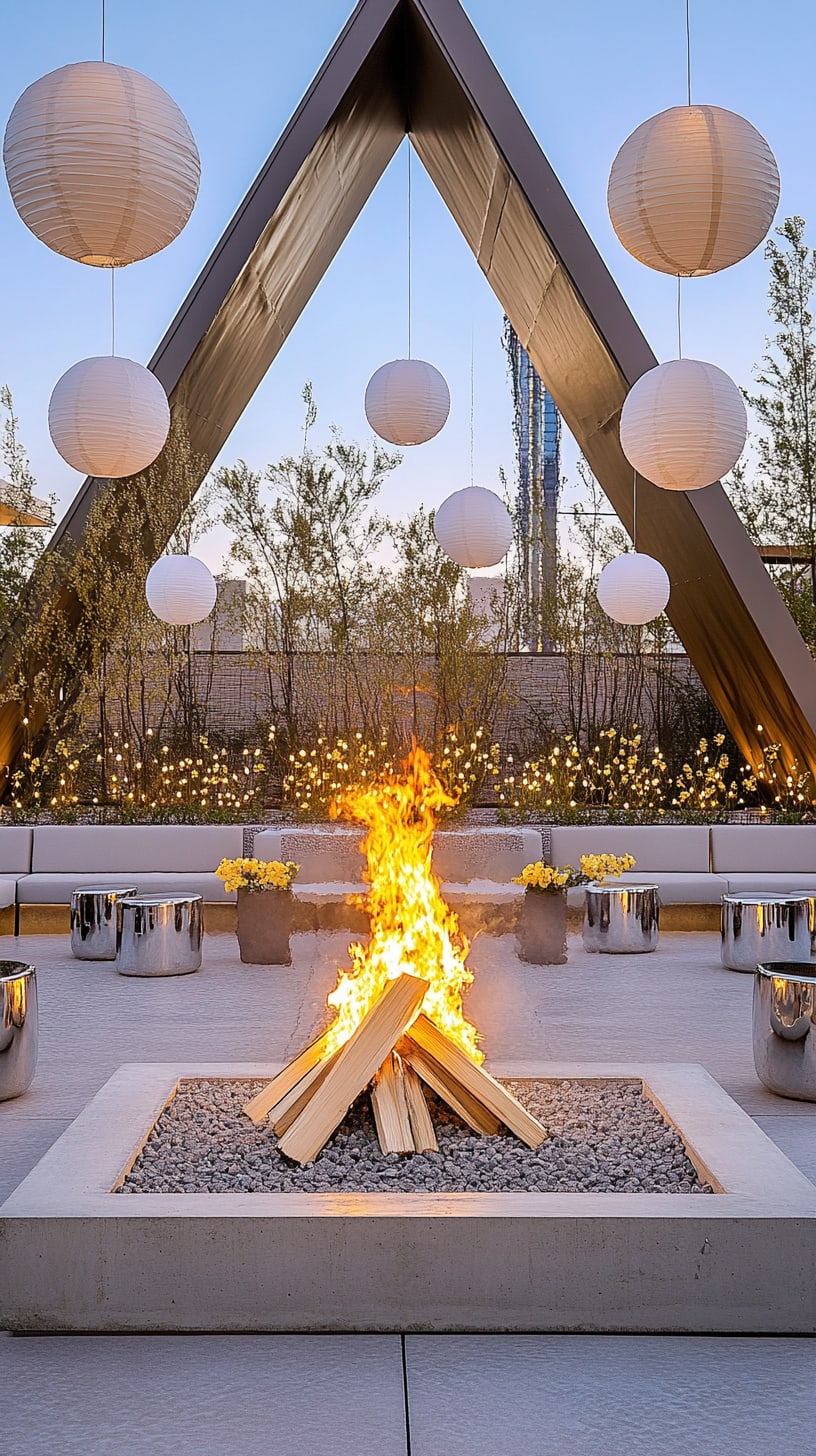 A rooftop outdoor setup featuring a fire pit, white paper lanterns, and silver metal seating, set against a city skyline at sunset.