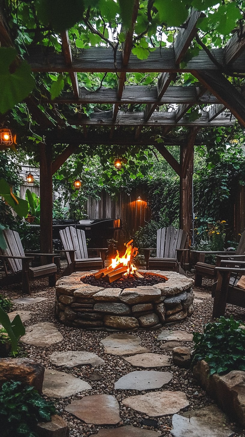 A rustic fire pit surrounded by wooden chairs in a lush garden, illuminated by hanging lanterns, creating a cozy atmosphere for outdoor gatherings.