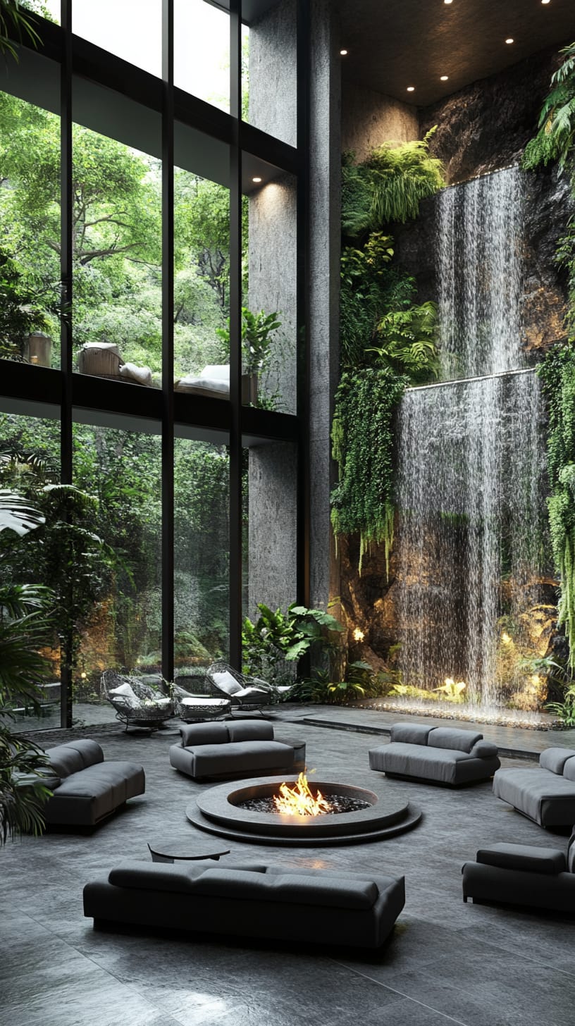 An interior of a modern luxury mansion showcasing tall glass windows, gray seating around a fire pit, and cascading waterfalls amidst lush greenery.