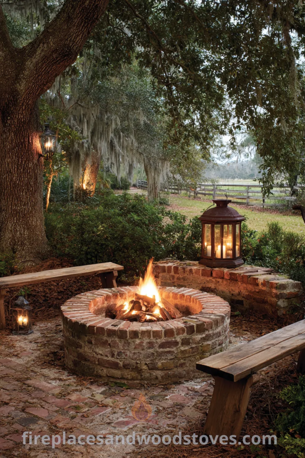 Rustic fire pit with semi-circular brick design, wooden benches, and a lantern, creating a cozy outdoor space fire pit.