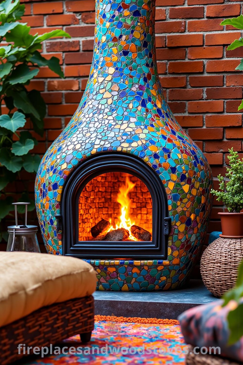 Bohemian mosaic fireplace against a rustic brick wall on a sun-drenched patio, featuring colorful patterns in blue, orange, and green, surrounded by soft cushions, creating a cozy gathering space. Inspired decor ideas for your home available at fireplacesandwoodstoves.com.